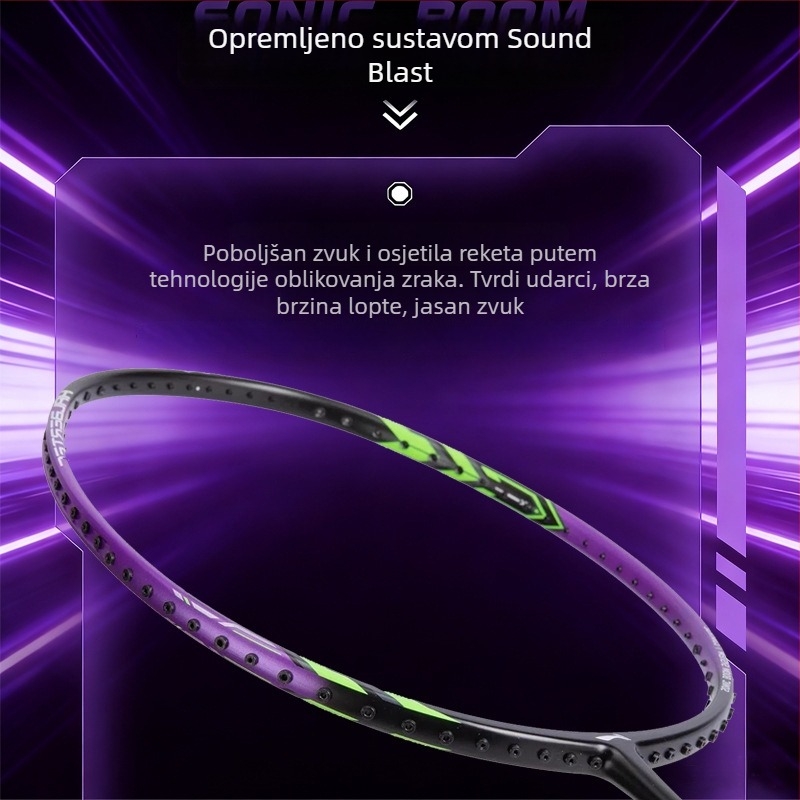 Li-Ning Warhammer 1000 badminton reketa, direktni udar, karbonska vlakna rama, težina 80–84 g, debljina drške G5, pogodna za amaterske juniore