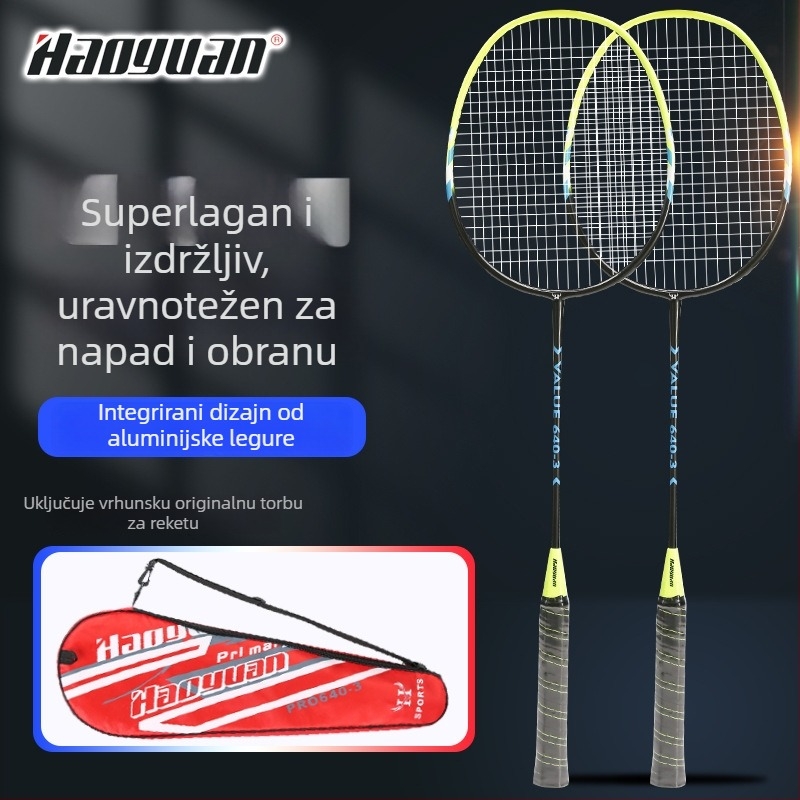 Raketa za badminton – okvir od aluminijske legure, jednodijelni integrirani dizajn, težina 95–100 g, set od dvije rakete, najlon žice