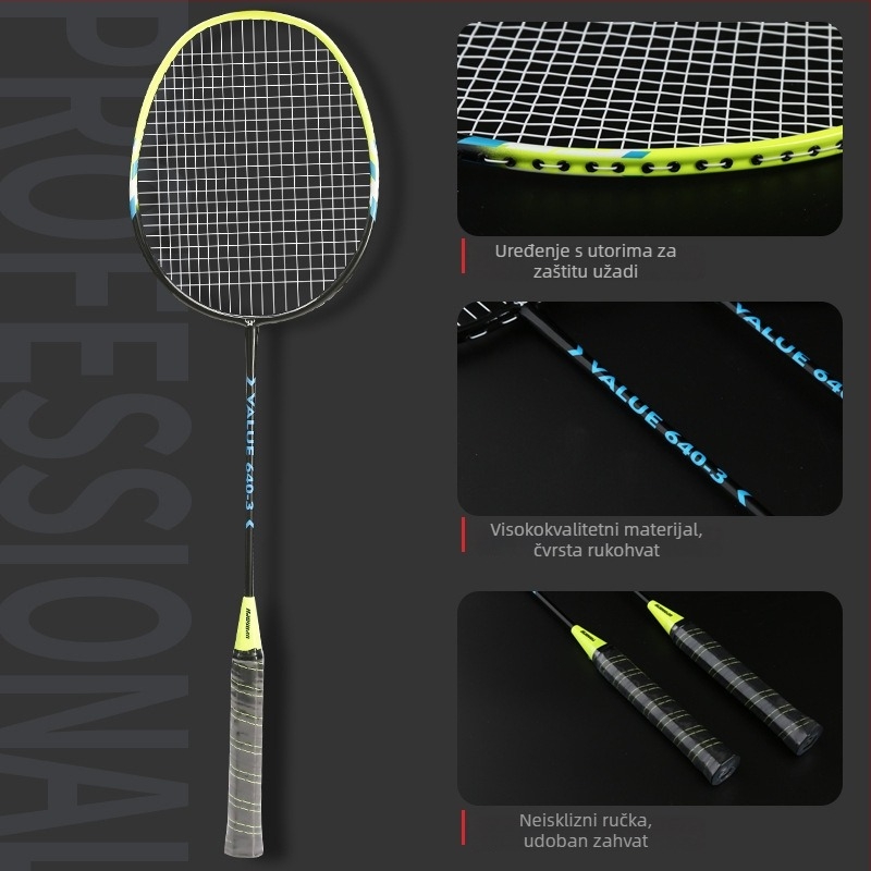 Raketa za badminton – okvir od aluminijske legure, jednodijelni integrirani dizajn, težina 95–100 g, set od dvije rakete, najlon žice