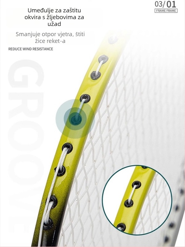 DHS badminton reketa set – okvir od aluminijske legure, težina 95–100 g, držač G4, direktan udarac, dvodijelni set