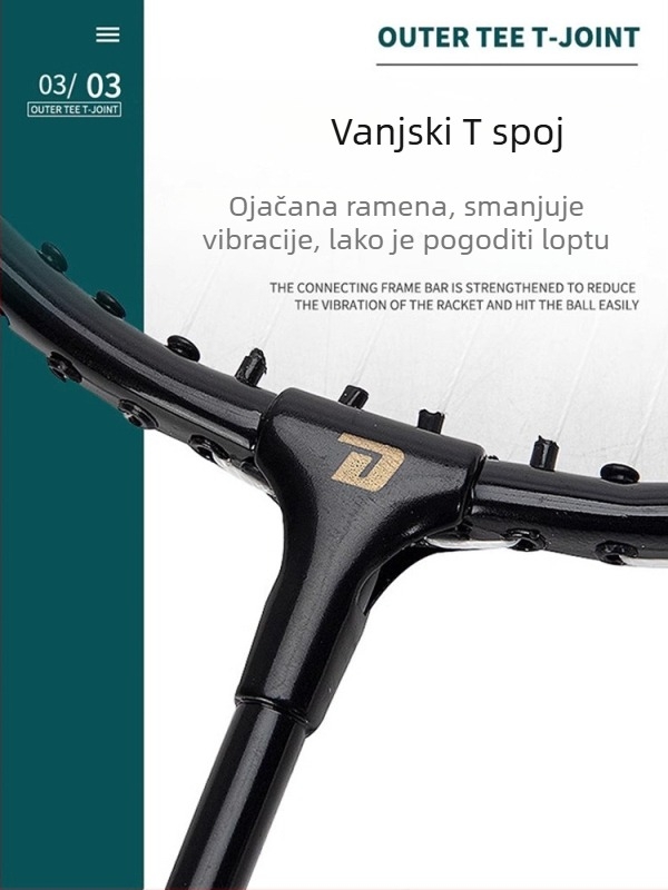 DHS badminton reketa set – okvir od aluminijske legure, težina 95–100 g, držač G4, direktan udarac, dvodijelni set