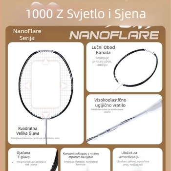 1000Z badminton raketa, karbonska vlakna okvir, težina 80–84 g, debljina ručke G5, ravna glava, pogodna za amatere i napredne