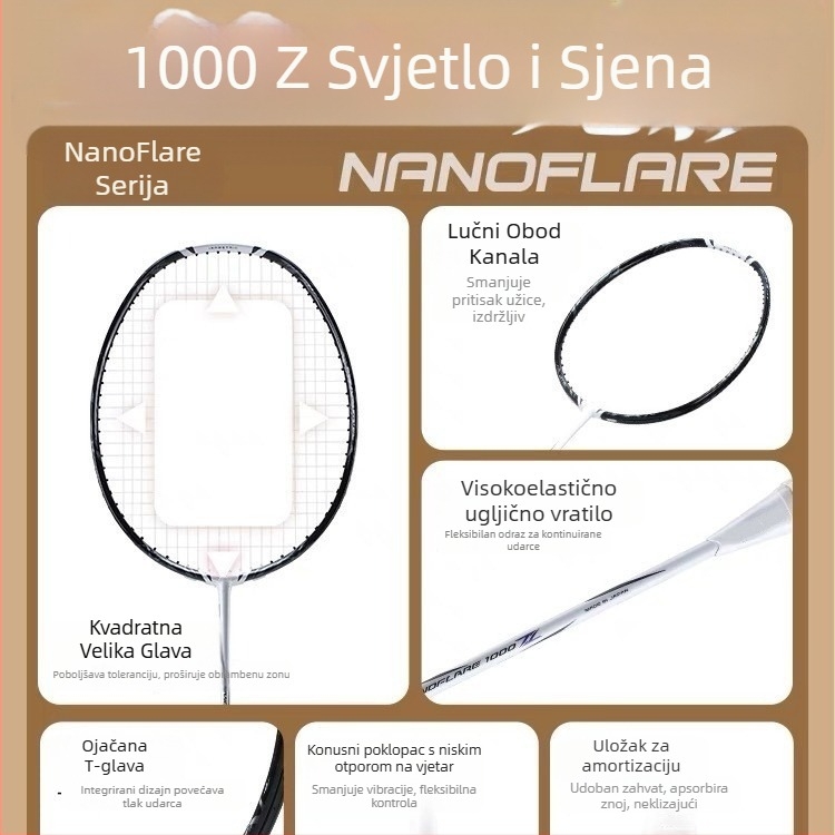 1000Z badminton raketa, karbonska vlakna okvir, težina 80–84 g, debljina ručke G5, ravna glava, pogodna za amatere i napredne