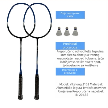 Badminton reketa Ikalong s aluminijskim okvirom, vlaknasta žica, ravna raketa, 95–100 g