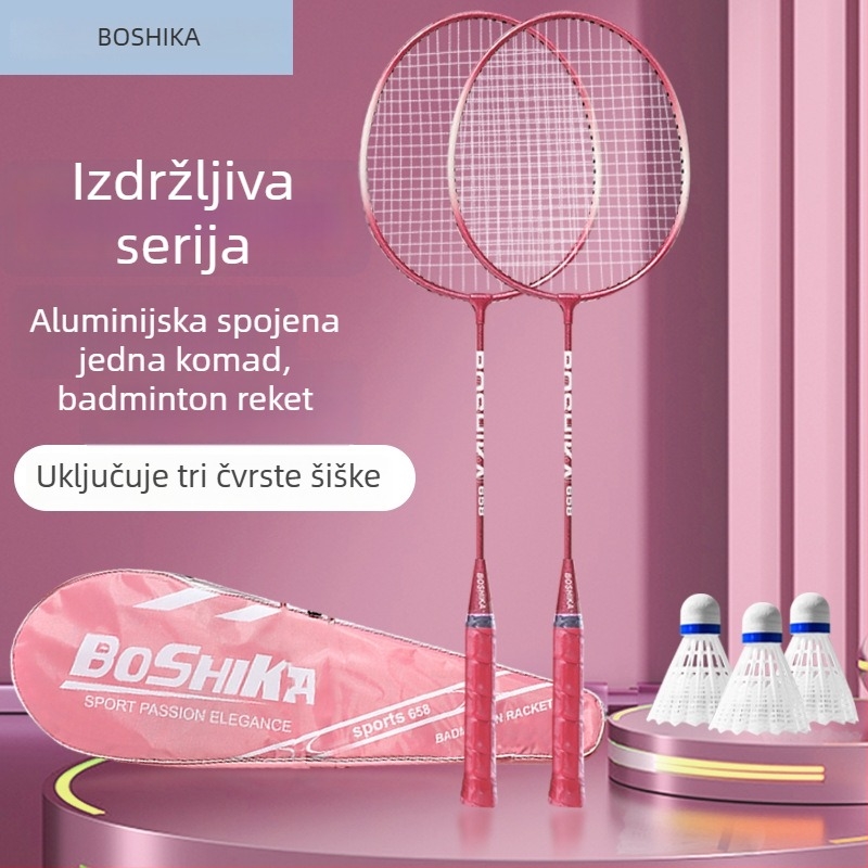 Bosska badminton raketa, okvir od željezne legure, težina 95–100 g, mogućnost tiskanja logotipa, pogodna za početnike
