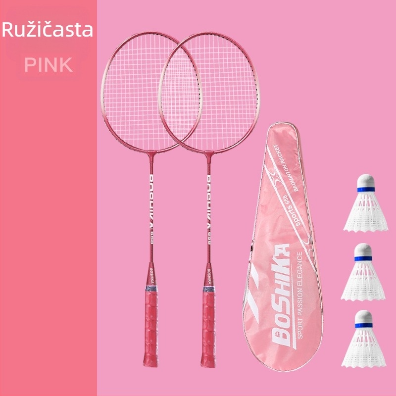 Bosska badminton raketa, okvir od željezne legure, težina 95–100 g, mogućnost tiskanja logotipa, pogodna za početnike