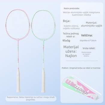 Set reketa za badminton – ultralak, aluminijsko-karbonska jednovidna konstrukcija, najlonske žice, dva reketa u setu, držač G3, umjerena tvrdoća osovine