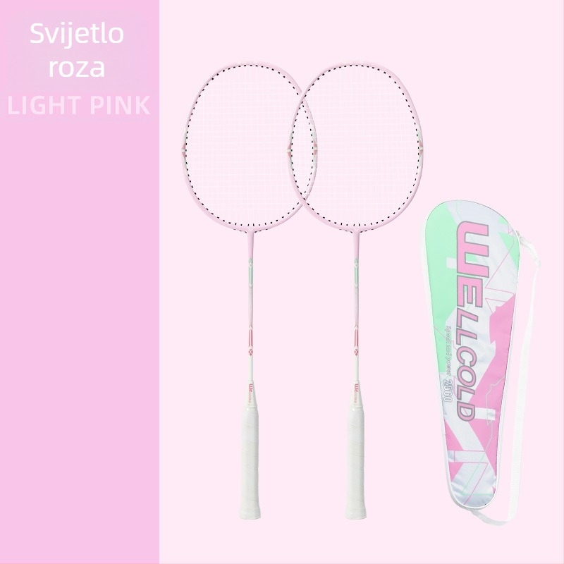 Set reketa za badminton – ultralak, aluminijsko-karbonska jednovidna konstrukcija, najlonske žice, dva reketa u setu, držač G3, umjerena tvrdoća osovine