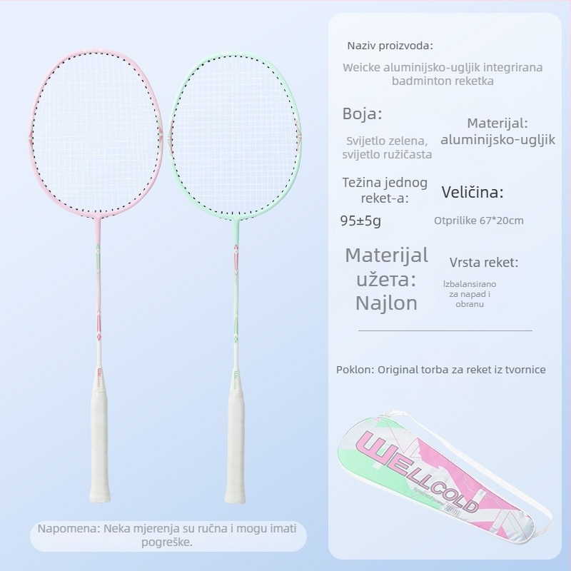Set reketa za badminton – ultralak, aluminijsko-karbonska jednovidna konstrukcija, najlonske žice, dva reketa u setu, držač G3, umjerena tvrdoća osovine