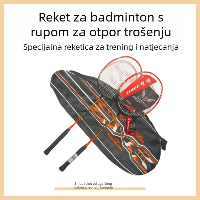 Zhibo badminton reketa – paket od dvije rekete, karbonska vlakna, jednodjelna konstrukcija, ravni vrat, težina 95–100 g