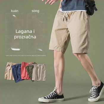 Muške pamučne kratke hlače, slobodan kroj, srednje dužine, ljetna svakodnevna moda, pojas s vezicom, 56% pamuka
