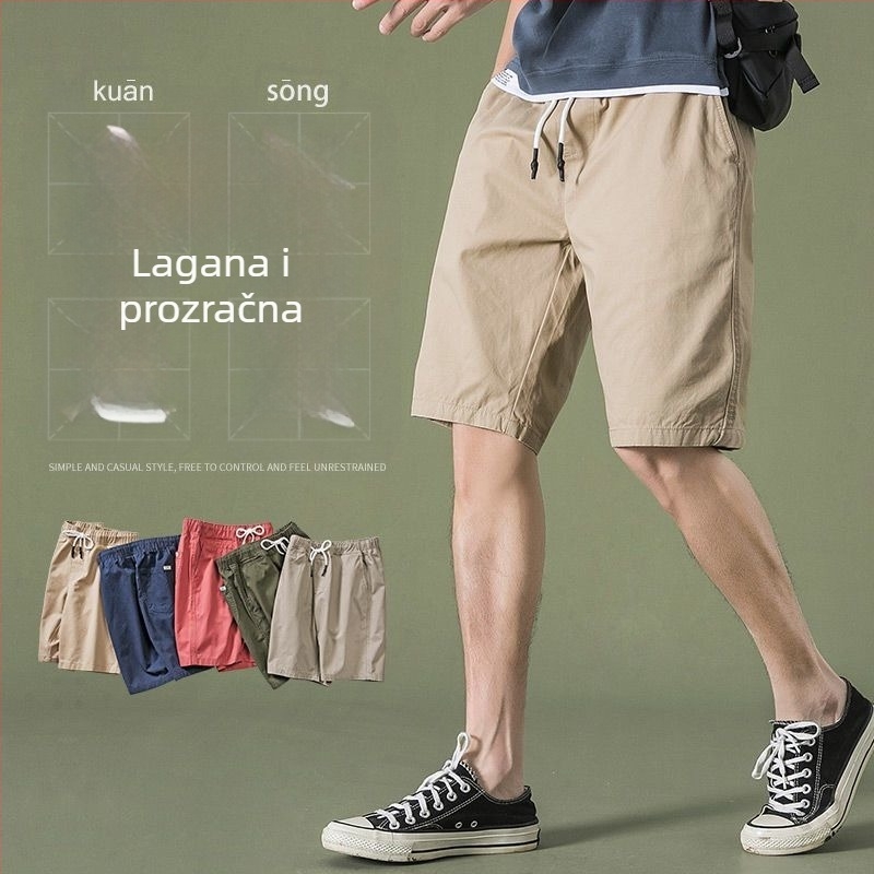 Muške pamučne kratke hlače, slobodan kroj, srednje dužine, ljetna svakodnevna moda, pojas s vezicom, 56% pamuka