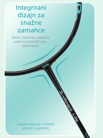 Badminton raketa s jednoplošnom konstrukcijom, ultra lagana karbonsko-aluminijska konstrukcija; težina 85–89 g; debljina drška G-5; direktan udarac; pogodna za badminton i tenis