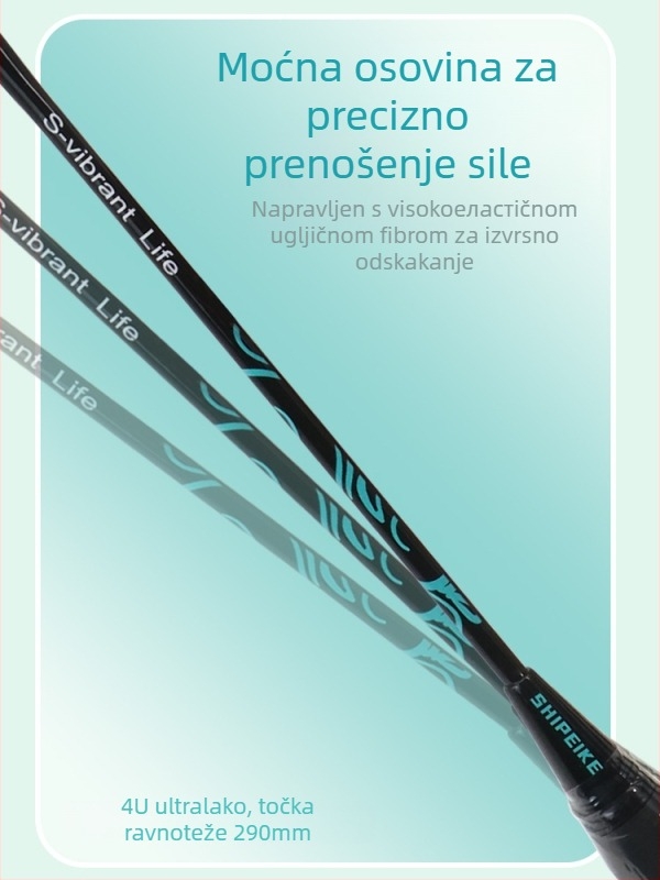 Badminton raketa s jednoplošnom konstrukcijom, ultra lagana karbonsko-aluminijska konstrukcija; težina 85–89 g; debljina drška G-5; direktan udarac; pogodna za badminton i tenis