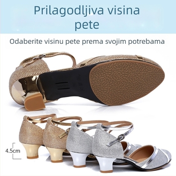 Ženske latinske plesne cipele, odrasle, srednje visoki potpetice s trakama, mekana gumena potplata, gornji dio sintetička koža