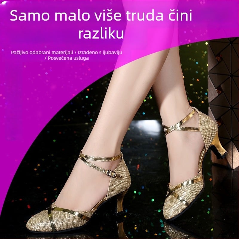 Ženske latinske plesne cipele, odrasle, srednje visoki potpetice s trakama, mekana gumena potplata, gornji dio sintetička koža