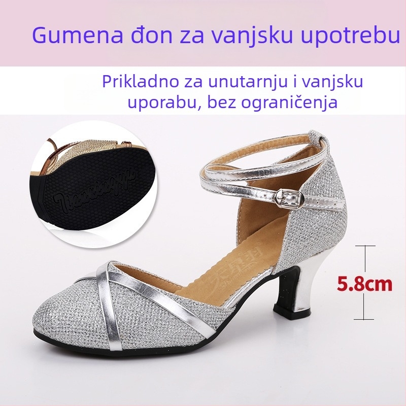 Ženske latinske plesne cipele, odrasle, srednje visoki potpetice s trakama, mekana gumena potplata, gornji dio sintetička koža