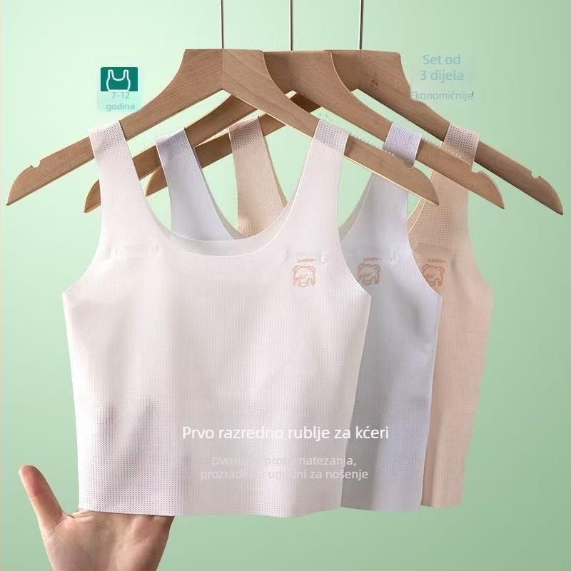Sutien u stilu vestice za predpubertetne djevojčice (uzrast 9–13), puna cupa, cupa bez oblikovanja, glavni materijal najlon s završetkom Ice Silk, podstava od Mulberry svile, fiksni kaiševi, prozračan i upija vlagu.