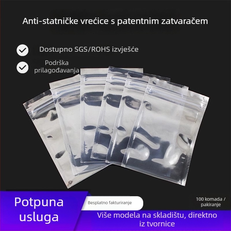 Antistatična plastična vrećica za elektroniku – samouzavarujuća zaštitna vrećica; podrijetlo Kina; šifra proizvoda: Anti-static ziplock bag; tolerancija ±1–2 mm
