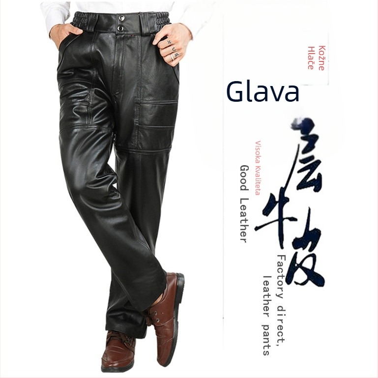 Muške hlače od prave kože, 100% koža, visok pas, ravni kroj