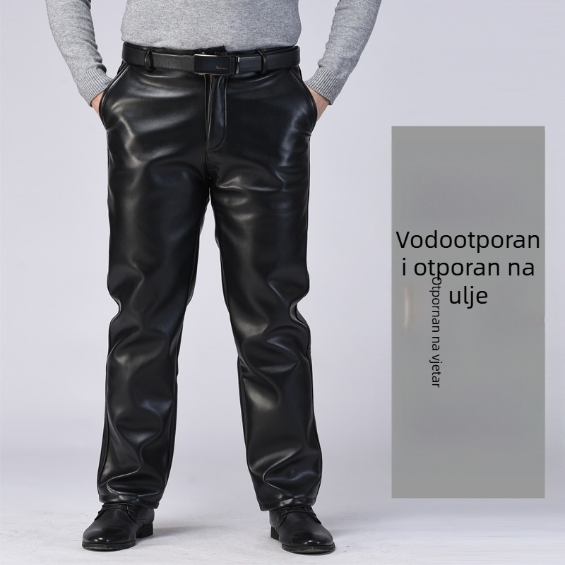 Muške PU kožne hlače, ravni kroj, visok pas, pamukasta podstava, zimske