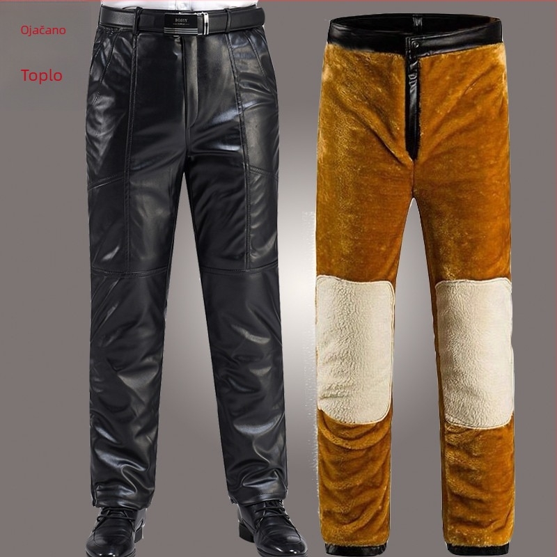 PU kožne muške moto hlače, s flis podstavom, debele, otporne na vjetar i vodu, širokog kroja, zaštita koljena i struka