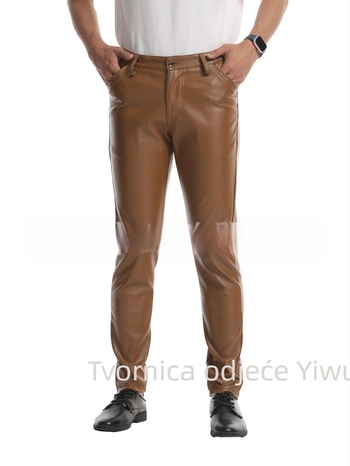 Muške hlače od umjetne kože, rastezljive, uski kroj, srednji struk, casual nošenje