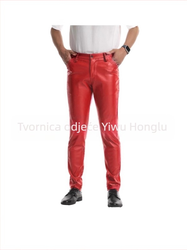 Muške hlače od umjetne kože, rastezljive, uski kroj, srednji struk, casual nošenje