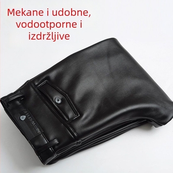 Muške PU kožne hlače s elastičnim pojasom, podstavljene fleeceom i ojačane, visoki struk, tople, vodootporne i otporne na ulje, za jesen i zimu