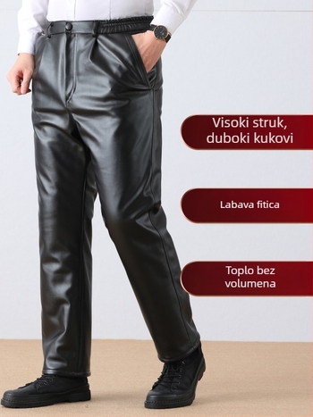 Muške hlače od umjetne kože, podstavljene poliesterom, visokim strukom, slobodan kroj