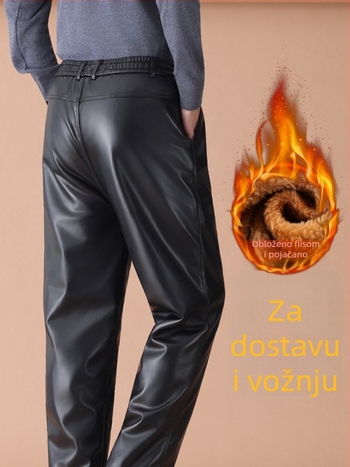 Muške hlače od umjetne kože, podstavljene poliesterom, visokim strukom, slobodan kroj