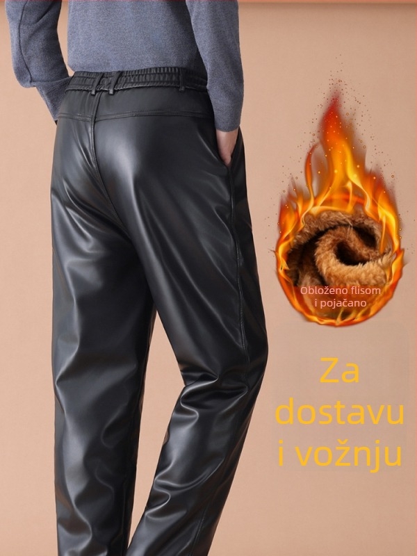 Muške hlače od umjetne kože, podstavljene poliesterom, visokim strukom, slobodan kroj
