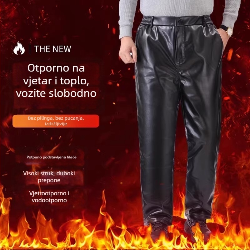 PU kožne moto hlače, podstavljene fleeceom, vjetro i vodootporne, visok pas, ravni kroj