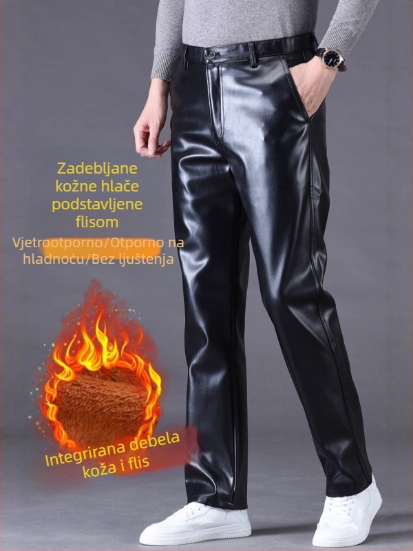 Muške PU kožne hlače, debeli, ravnog kroja, srednji pojas, zimska upotreba