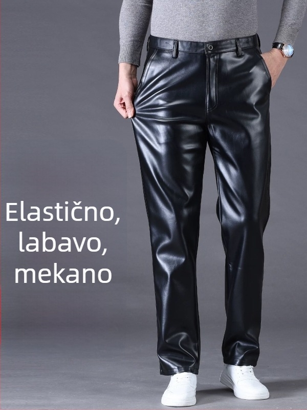 Muške PU kožne hlače, debeli, ravnog kroja, srednji pojas, zimska upotreba