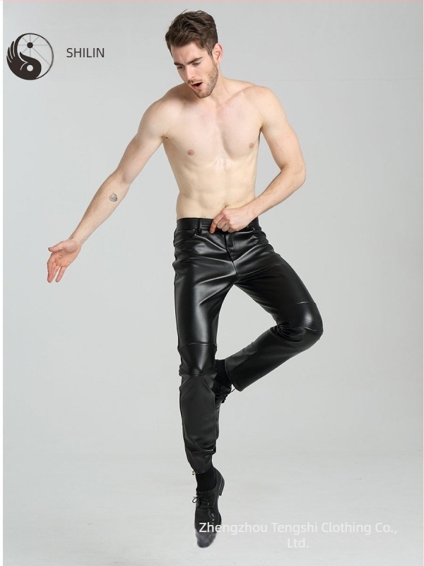 Muške PU kožne hlače, uski kroj, srednji porast, olovka kroj, gležanj silueta, elastan