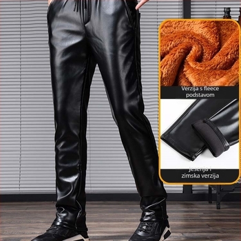 Muške uske hlače od PU umjetne kože za zimu, s fleece podstavom, visokim strukom, s vezanjem na struku