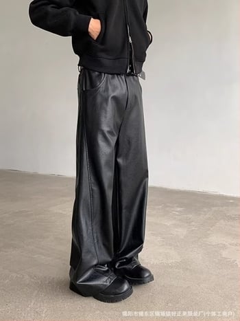 Muške hlače od PU kože, ravnog kroja s širokim nogama, srednji pojas, PU podstava, duljina do poda