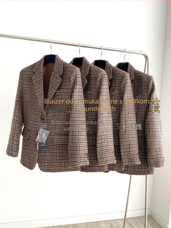 Ženski blejzer od vune s uzorkom Houndstooth, regular kroj, V-izrez, dugi rukavi, mješavina vune i viskoze, jesen 2023