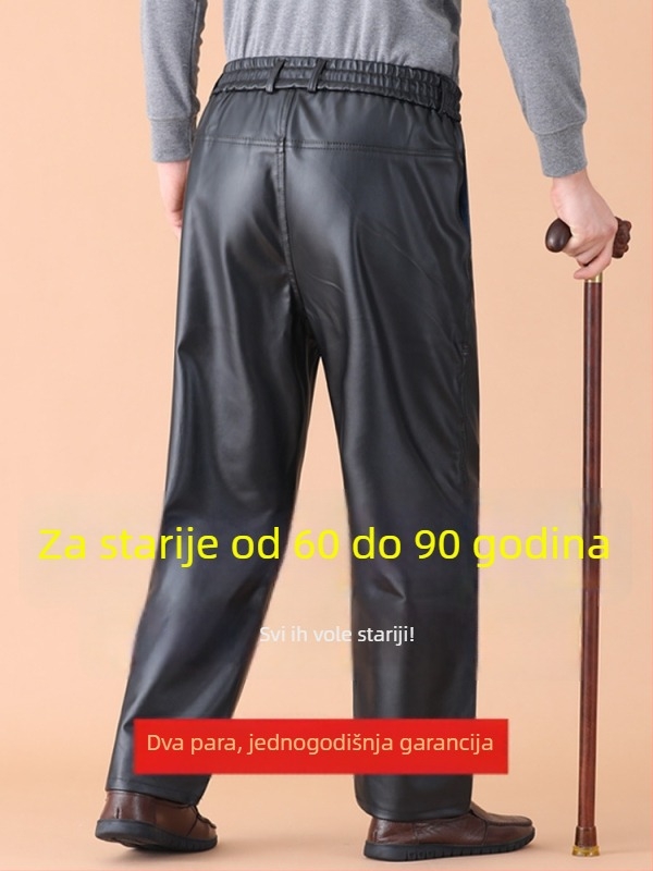Hlače od umjetne kože za starije muškarce s flis podstavom, srednji porast, opušten kroj, zimska upotreba