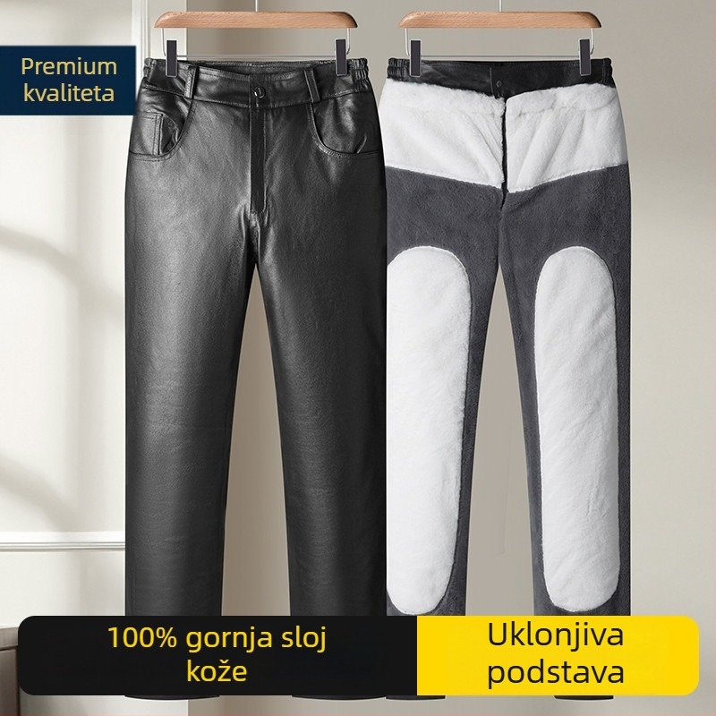 Muške hlače od prave kože, ravno krojene, visok struk, s odvojivom izolacijom od down i podstavom od poliestera, zimske.