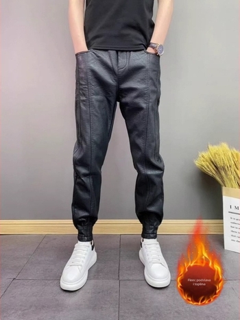 PU kožne hlače, korejskog stila, zimske, srednji struk, 90% poliester