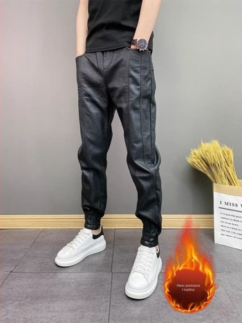 PU kožne hlače, korejskog stila, zimske, srednji struk, 90% poliester