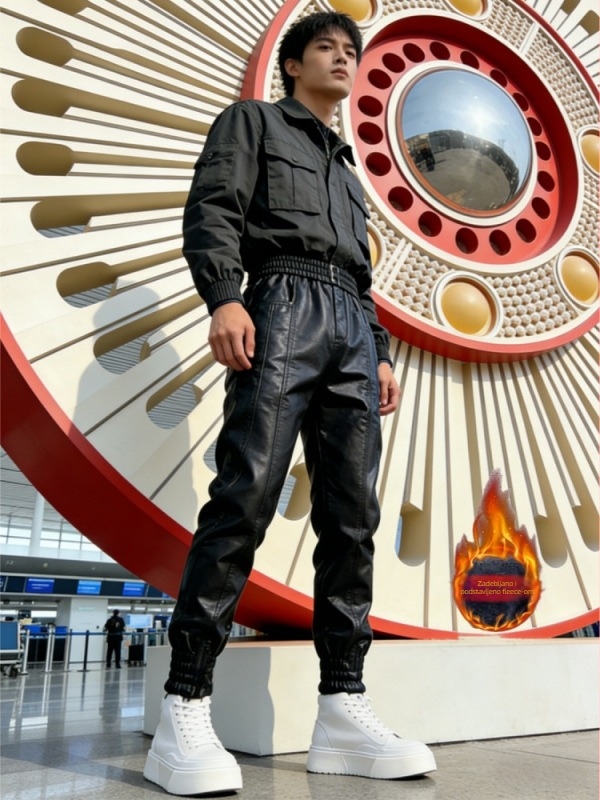 PU kožne hlače, korejskog stila, zimske, srednji struk, 90% poliester