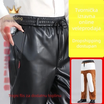 Muške PU kožne hlače, ravni kroj, visok struk, zimski debeli model