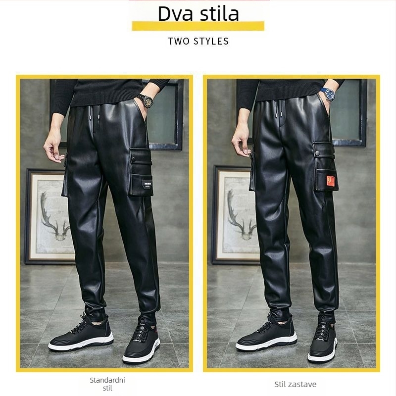 Muške hlače od umjetne kože za bajkere, uskog kroja, zimske, podstava od poliestera, vintage stil