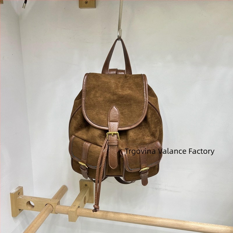 Ruksak s vintage casual stilom, PU materijal, velika kapaciteta, zatvarač s čvorom, tekstura deerskin fleece, za svakodnevnu upotrebu, proljeće 2024