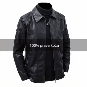 Muška kožna jakna za jesen/zimu, laganog kroja, s baršunastom podstavom, rever, veličina plus