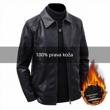 Muška kožna jakna za jesen/zimu, laganog kroja, s baršunastom podstavom, rever, veličina plus