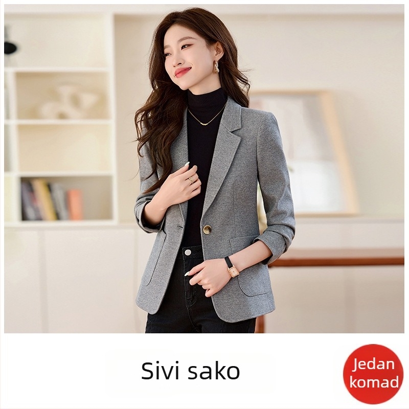 SHY8916 Žensko sako Slim-Fit kroja, tkanina od kemijskih vlakana, dugi rukavi, zatvaranje jednim gumbom, ovratnik sakoa